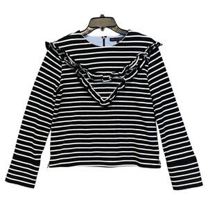 ENGLISH FACTORY Top Women's Small Black White Striped Ruffled Trim Long Sleeve